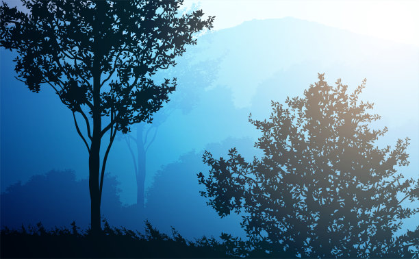 自然森林山地平线山树木的剪影傍晚日出和日落景观墙纸插图矢量风格彩色的视图背景图片下载