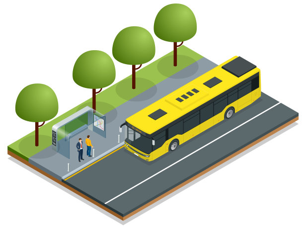 在公交车站等黄公交。人们在公共汽车上进进出出。有司机和人的公共交通。图片下载