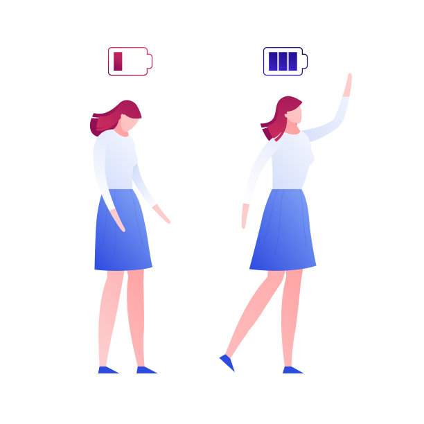 向量现代平板女性电池充电插图。颜色集疲惫和成功的女性孤立在白色的背景上。商业的概念，情绪，情绪，抑郁，想法。设计元素图片下载