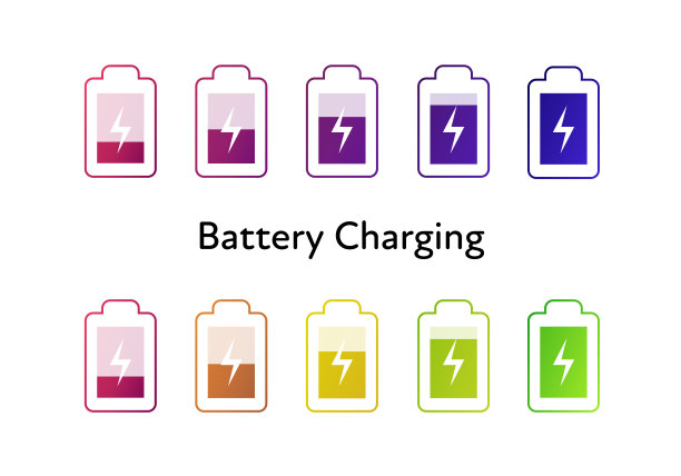 矢量电池充电图标设置。颜色红色，绿色，黄色和紫色平坦的现代图标与电力符号孤立在白色背景。设计元素为手机，小玩意，充电。图片下载