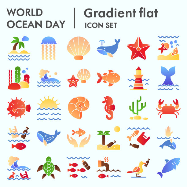 世界海洋日平面图标集，水世界收集，矢量草图，标志插图，计算机网络标志梯度象形图包装孤立在白色背景，eps 10。图片下载