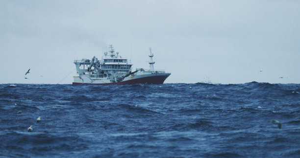 在波涛汹涌的海面上出海的拖网渔船图片下载