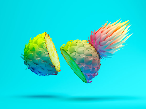 多色切片菠萝在蓝色背景的3D渲染图片下载