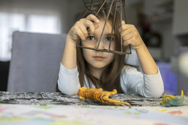 一个小女孩被塑料玩具动物和用铅笔画的木制几何图形包围着图片下载