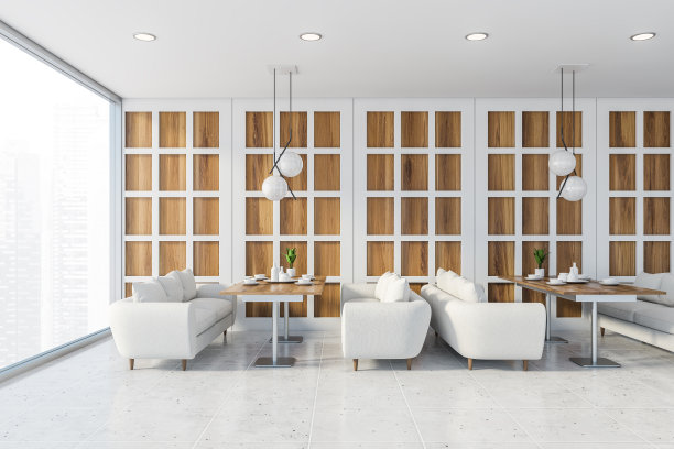 白色和木制的餐厅内部配备沙发图片下载