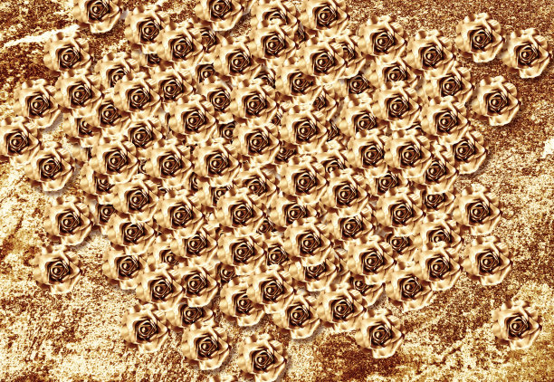 装饰金色纹理与黄金玫瑰新年快乐，圣诞节，邀请，婚礼卡，生日，情人节。闪亮的金色背景。顶部视图与复制空间的文本。图片下载