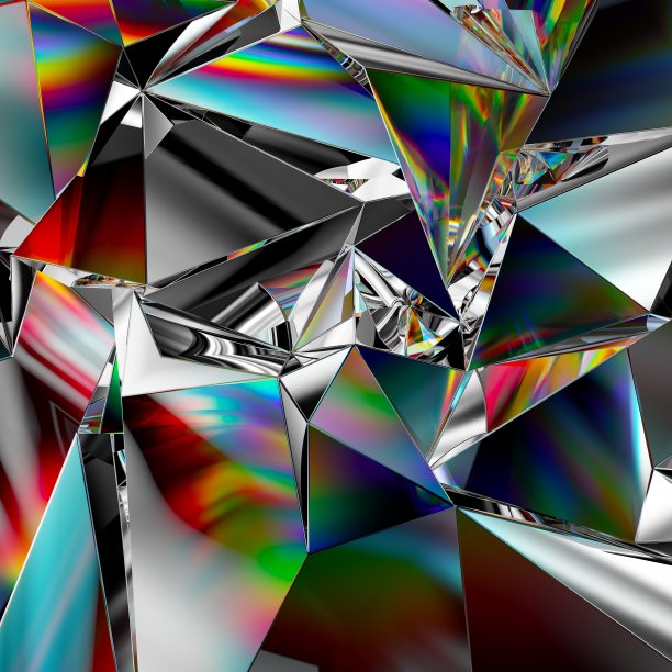 3d渲染，抽象水晶背景，玻璃多面体墙纸，多边形几何结构，褶皱全息宏观纹理，金属箔，闪光结晶墙纸，光线反射图片下载