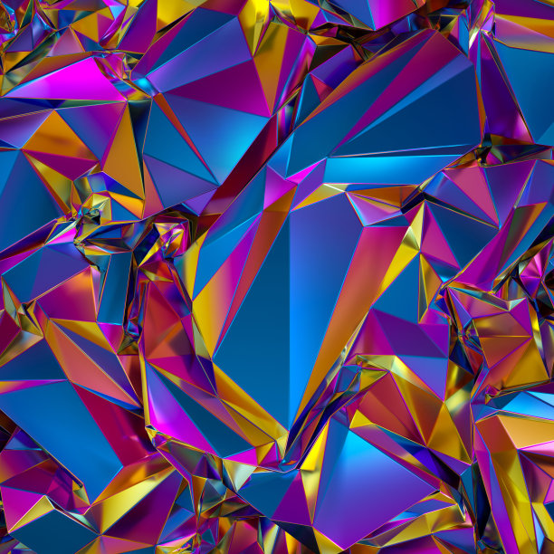 三维渲染，抽象的粉蓝色金多边形多面体背景，晶体结构，褶皱的全息金属箔纹理，彩虹结晶墙纸，明亮的霓虹灯光谱，生动的调色板图片下载