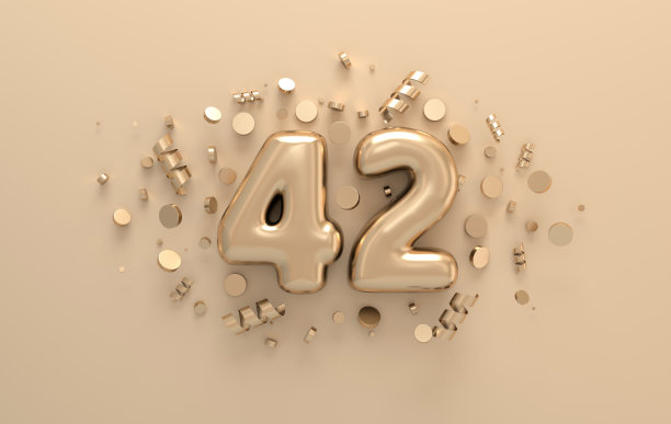 金色3d数字42，带有节日彩纸和螺旋丝带。庆祝42周年活动派对的海报模板。三维渲染图片下载