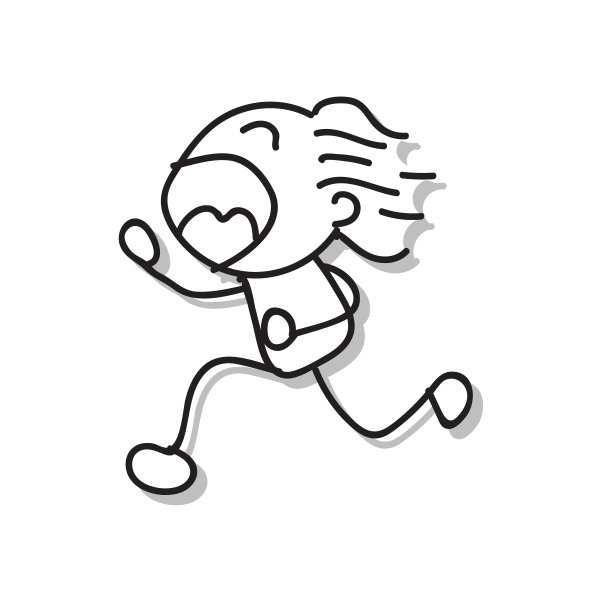 手画火柴棍风格的卡通人物快乐的男孩跑着大大的微笑。抽象的人，幸福的概念。矢量插图。图片下载