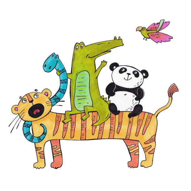 用非洲动物做的插图。老虎，熊猫，鳄鱼生活在丛林里图片下载