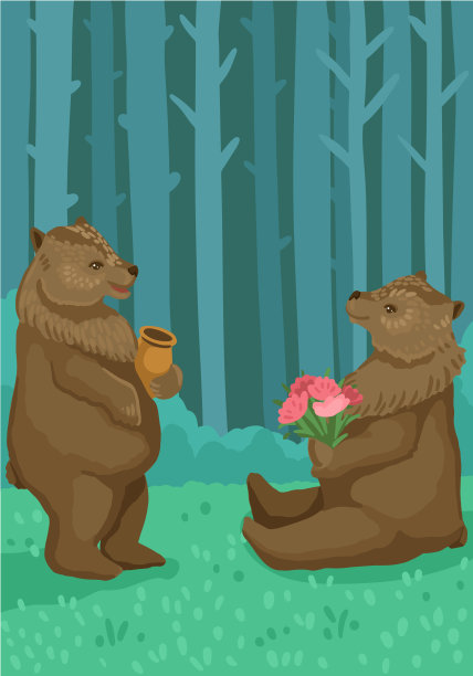 森林里有熊，熊吃蜂蜜，熊捧花。向量概念说明图片下载