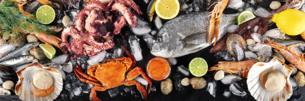 鱼和海鲜的全景，一个平顶镜头。海鲷。虾，蟹，沙丁鱼，鱿鱼，章鱼和冰扇贝，柠檬和鱼子酱图片下载