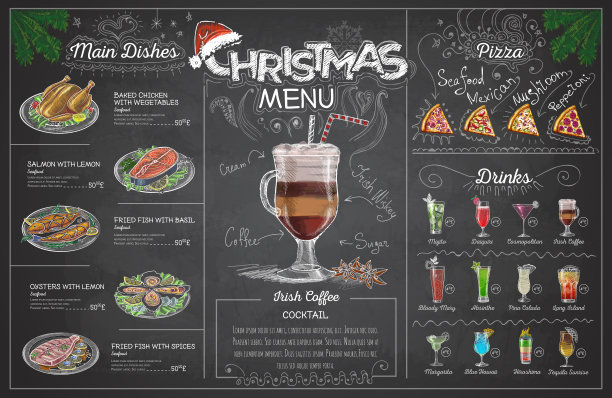 复古粉笔画圣诞菜单设计。餐厅的菜单图片下载