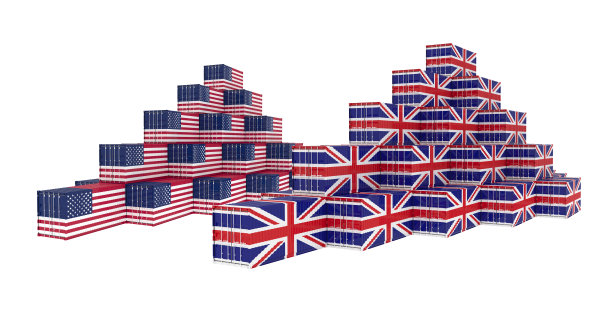 三维插图的货物集装箱与美国国旗在白色的背景。发货、运输、海运货运。图片下载