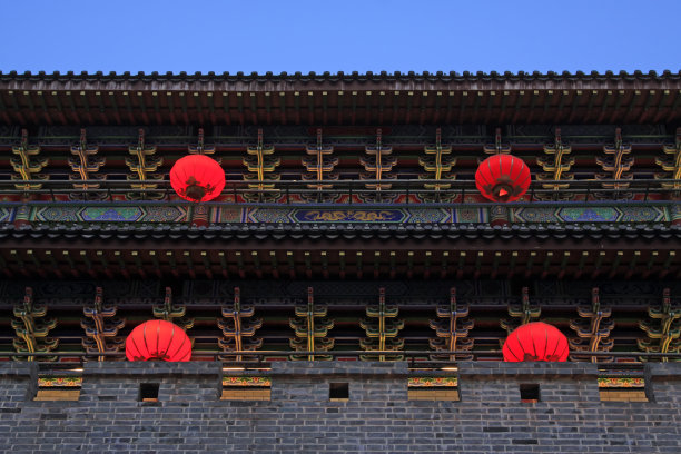 城楼和红灯笼，特写照片图片下载