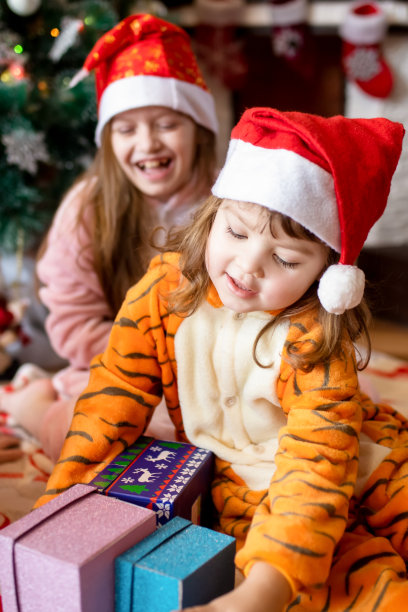 快乐的小朋友们穿着木纹睡衣在平安夜。两姐妹在独角兽和老虎的服装打开礼物在美丽的客厅装饰圣诞节。图片下载