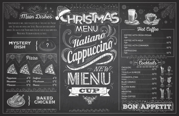 复古粉笔画圣诞菜单设计。餐厅的菜单图片下载