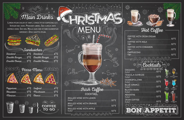 复古粉笔画圣诞菜单设计。餐厅的菜单图片下载