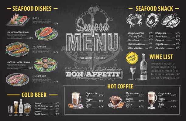 复古粉笔画海鲜菜单设计。餐厅的菜单图片下载