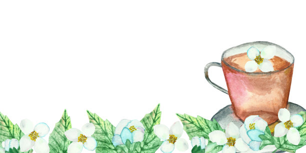 水彩手绘自然花卉饮料框架构成与玻璃杯红茶，白色盛开的茉莉花和绿叶在白色的背景邀请和贺卡图片下载