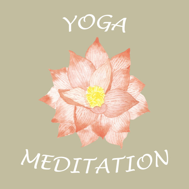 水彩手绘自然花卉构成与浅粉色莲花花和瑜伽冥想白色文本孤立在工作室邀请和名片的米色背景图片下载