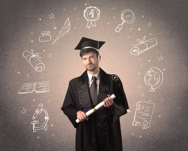 快乐的毕业生与手绘学校图标图片下载