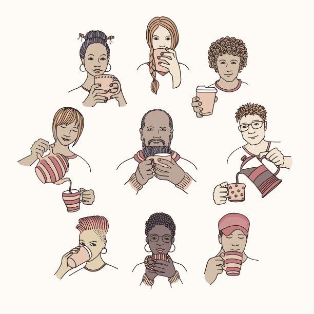 手绘的人们享受着热咖啡或茶图片下载