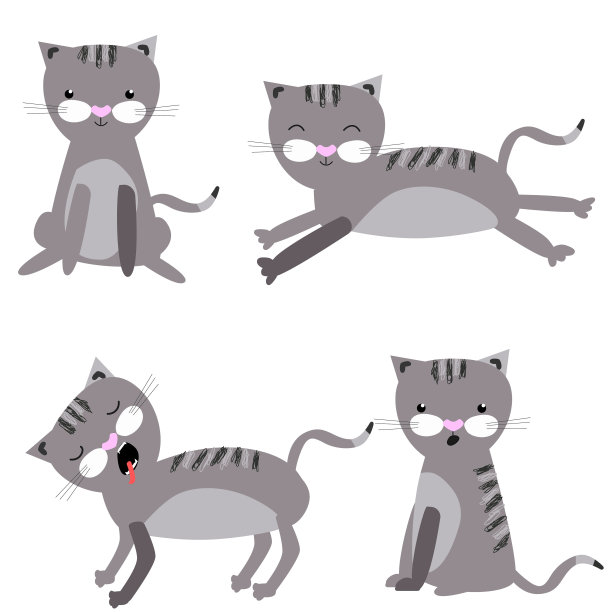 由可爱的猫与不同的姿态在白色的背景在灰色的儿童卡通风格，手绘。矢量插图。印刷或海报设计，印刷材料，儿童设计图片下载