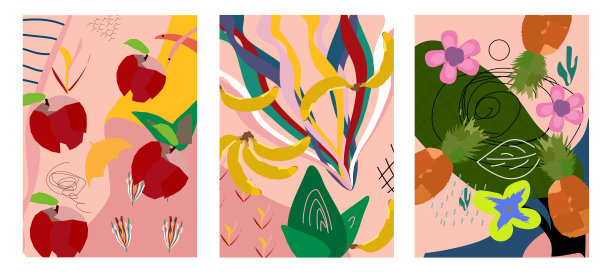 手绘苹果，香蕉，菠萝，浆果，树叶和各种形状，点，点和线。不同的颜色。三套抽象的现代模式。向量图片下载