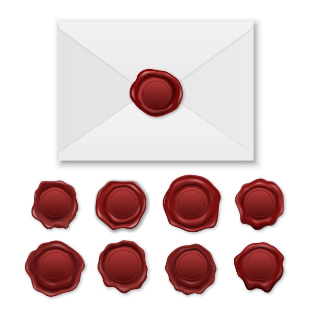 矢量3d现实信封和复古复古邮票蜡印章图标设置特写孤立在白色背景。红色密封蜡或邮票的设计模板，证书，文件，信件标签图片下载