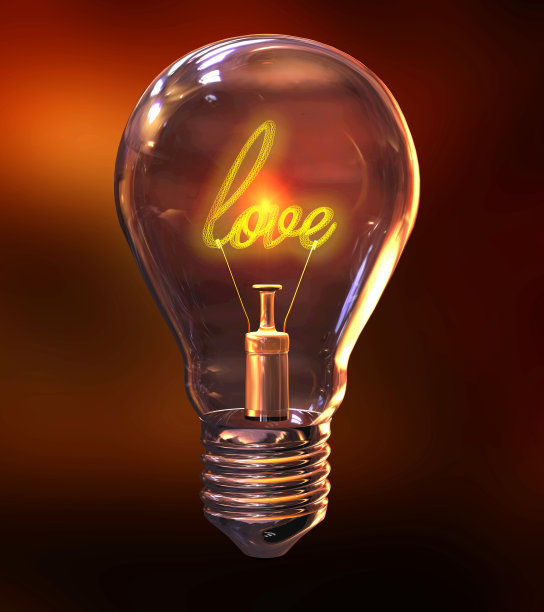 一个用“爱”字做灯丝的灯泡的3d插图图片下载