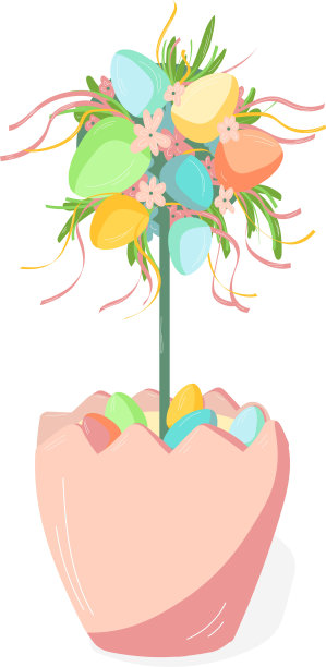 典型的复活节装饰。花盆鲜花和复活节彩蛋，装饰明信片，贺卡，印刷。图片下载