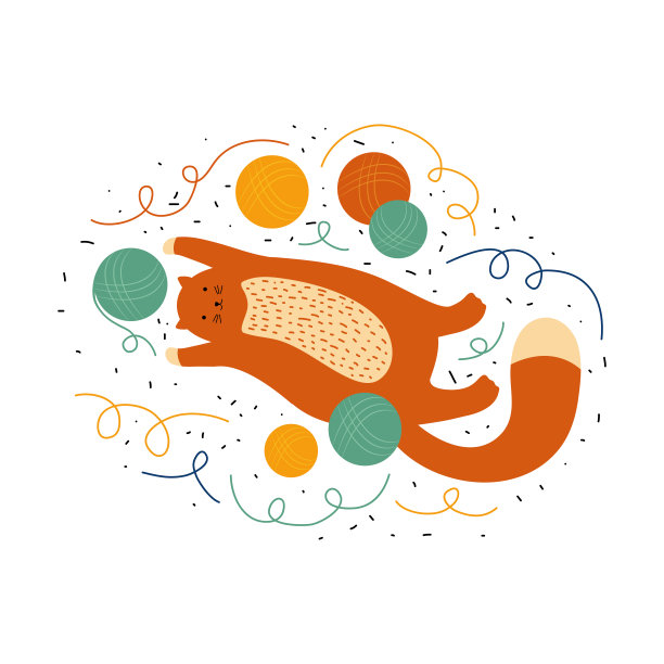 可爱的红色胖猫玩线球。有趣的小猫仰面躺在一堆乱糟糟的线中。用毛线球做宠物。手绘斯堪的纳维亚矢量插图。动物玩图片下载