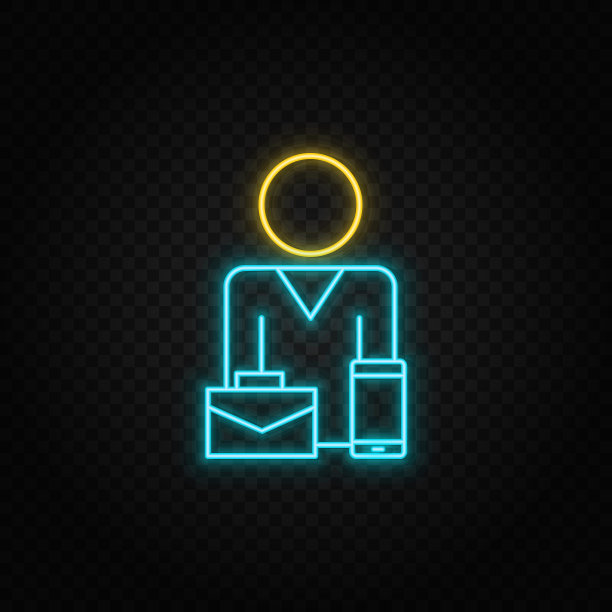 公文包，女商人的霓虹图标。蓝色和黄色霓虹灯矢量图标。图片下载