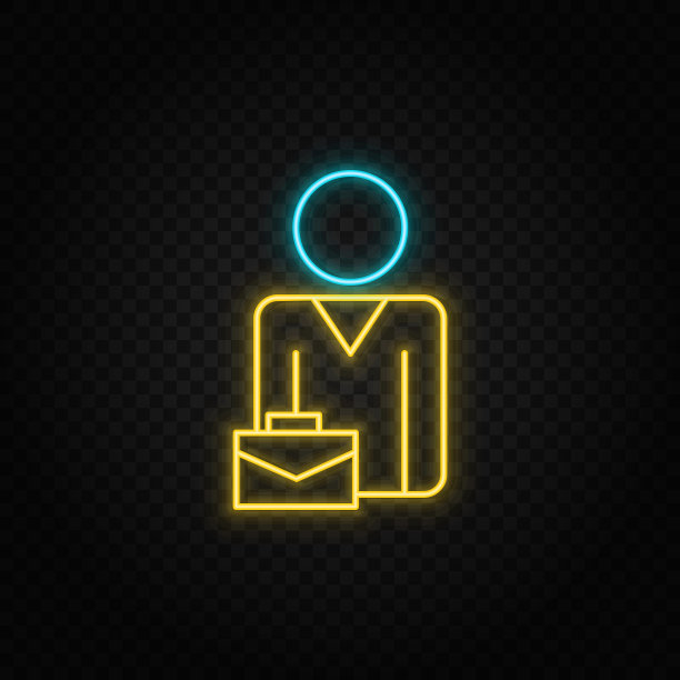 公文包，女商人的霓虹图标。蓝色和黄色霓虹灯矢量图标。图片下载