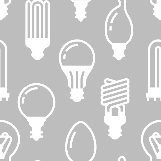 灯泡无缝模式与平面字形图标。Led灯有荧光灯、灯丝灯、卤素灯、二极管等照明。现代灰白色背景标志电器商店图片下载