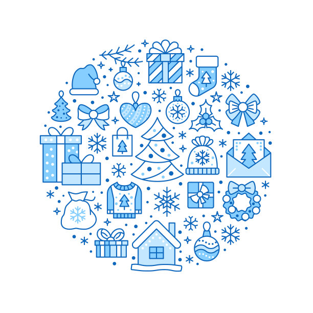 圣诞快乐圆形旗帜插图与平线图标。新年贺卡松树，礼品，礼品盒，装饰矢量插图。蓝色的薄标志为圆形的圣诞海报图片下载
