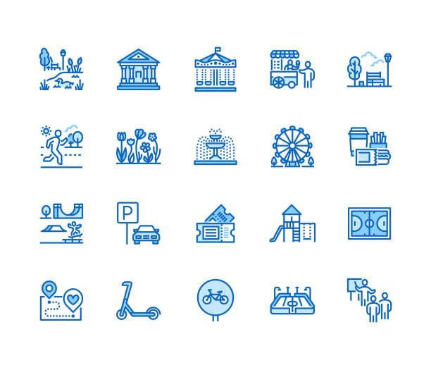 公园平线图标设置。植物园，旋转木马，摩天轮，博物馆，远足，池塘，街头食品，喷泉矢量插图。户外的稀疏标志。像素完美的64x64可编辑的笔触图片下载