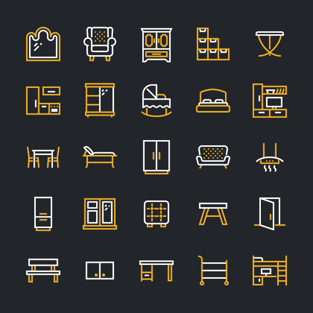 家具矢量平面线条图标。客厅电视架，卧室，婴儿床，厨房排风罩，沙发，育儿室，餐桌，门窗。薄标志收集内部商店。像素完美的48x48图片下载