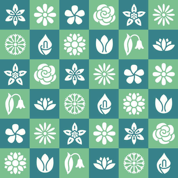 花朵无缝图案与平面字形图标。花卉背景美丽的园林植物洋甘菊，向日葵，玫瑰花，荷花，康乃馨，蒲公英，紫罗兰花。绿色图片下载