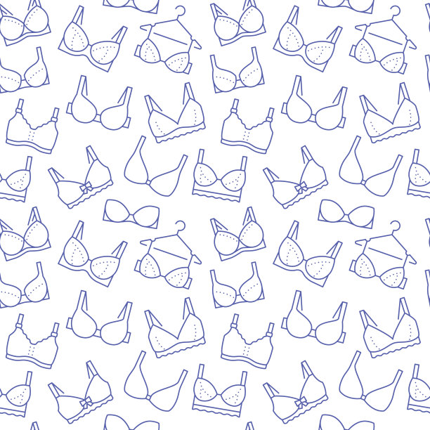 内衣无缝模式与平坦的线条图标的胸罩类型。女人内衣背景，矢量插图的胸罩。可爱的紫色白色的壁纸，为服装店图片下载