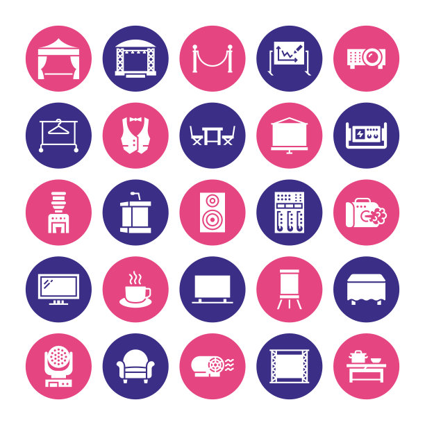 事件提供扁平的字形图标。聚会设备-舞台建筑，视觉投影仪，支柱，白板，大屏幕。餐饮、商业租赁服务标志。固体轮廓像素完美的64x64图片下载