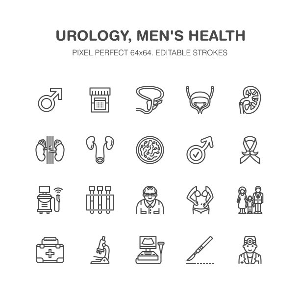 泌尿科矢量平线图标。泌尿科，膀胱，肾脏，肾上腺，前列腺。线性医学象形图与可编辑的笔画临床，效力问题。像素完美64 x64图片下载