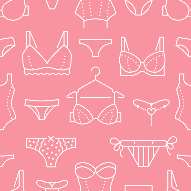 内衣无缝模式与平线图标的胸罩类型，内裤。女人内衣背景，矢量插图胸罩，比基尼，泳装。可爱的粉白色壁纸，为服装店图片下载