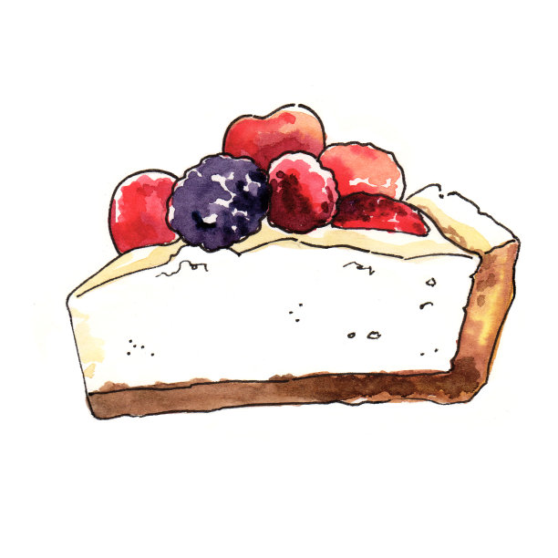水彩手绘甜甜点芝士蛋糕与浆果插图图片下载