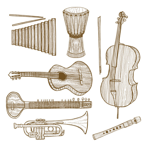 一套乐器在手绘风格图片下载