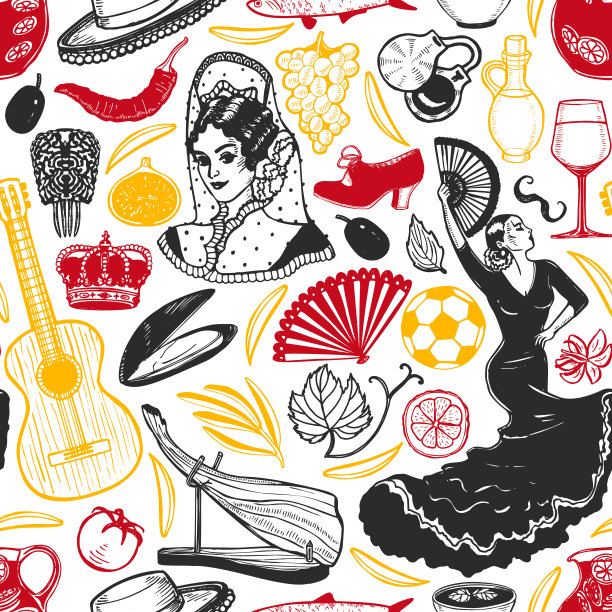 图案与西班牙符号在手绘风格图片下载