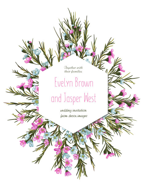 花卉几何六角形矢量设计框架。粉色和蓝色的蜡花，绿色植物。婚礼卡片。所有元素都是独立的和可编辑的图片下载