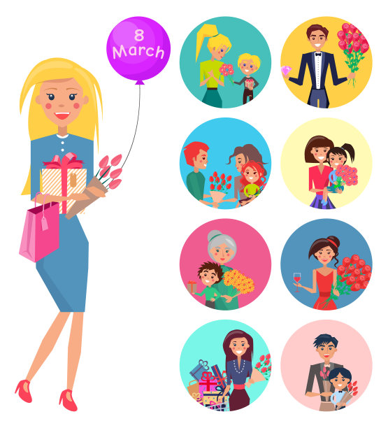 手持郁金香、礼品盒和气球的优雅女人图片下载